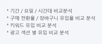 기간 및 시간대 비교분석과 구매 전환율 / 장바구니 유입율 비교 분석과 키워드와 광고 섹션 별 유입 비교 분석